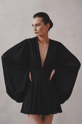 Deep V Neck Balloon Sleeve A-Line Pleated Solid Color Mini Dresses-Black